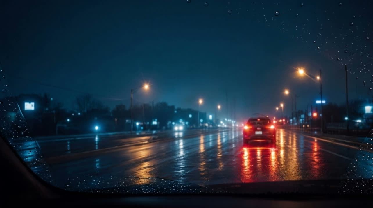夜間雨中的駕駛視角：刷過之後清晰的路面與車尾燈